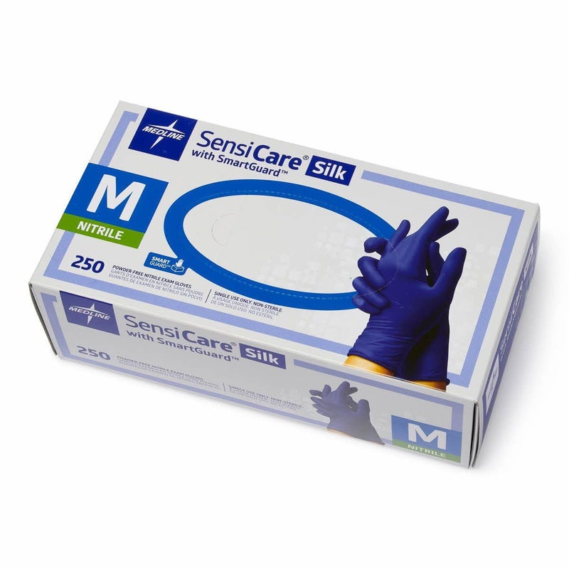 Medline SensiCare Silk Nitrile Exam Gloves, Disposable Gloves with Smartguard Film, Medium, Blue (Pack of 250) - Image 1